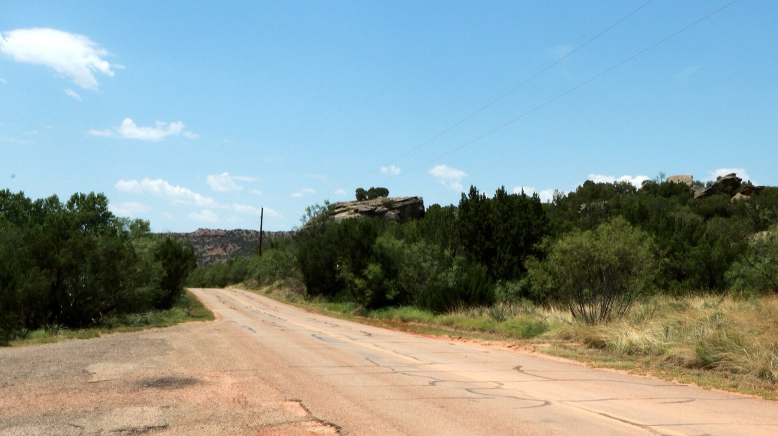 A dirt road through juniper scrub in Palo Duro Canyon State Park